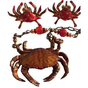 Beachy Bronze Cast Crab Necklace Earrings Set Jasper Beads Figural Crustacean